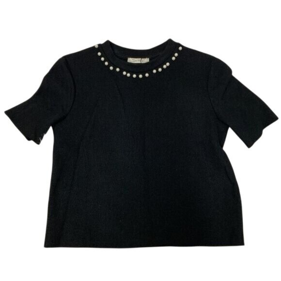 Zara Sweaters - Zara Trafaluc Black Pearl-Embellished Ribbed Knit Sweater Top
